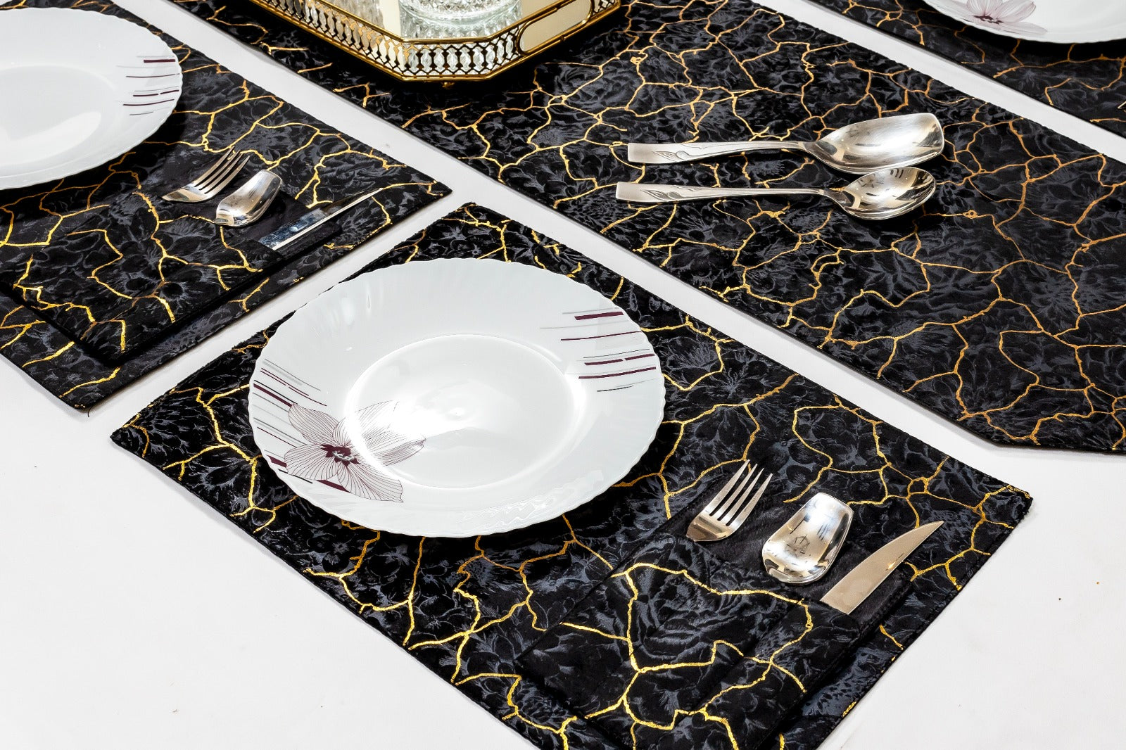 Black Marble with Gold Design Table Runner for 6 Seater Dining Table