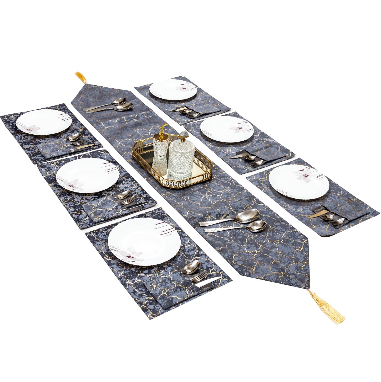 Grey Marble with Gold Lines Table Runner for 6 Seater Dining Table