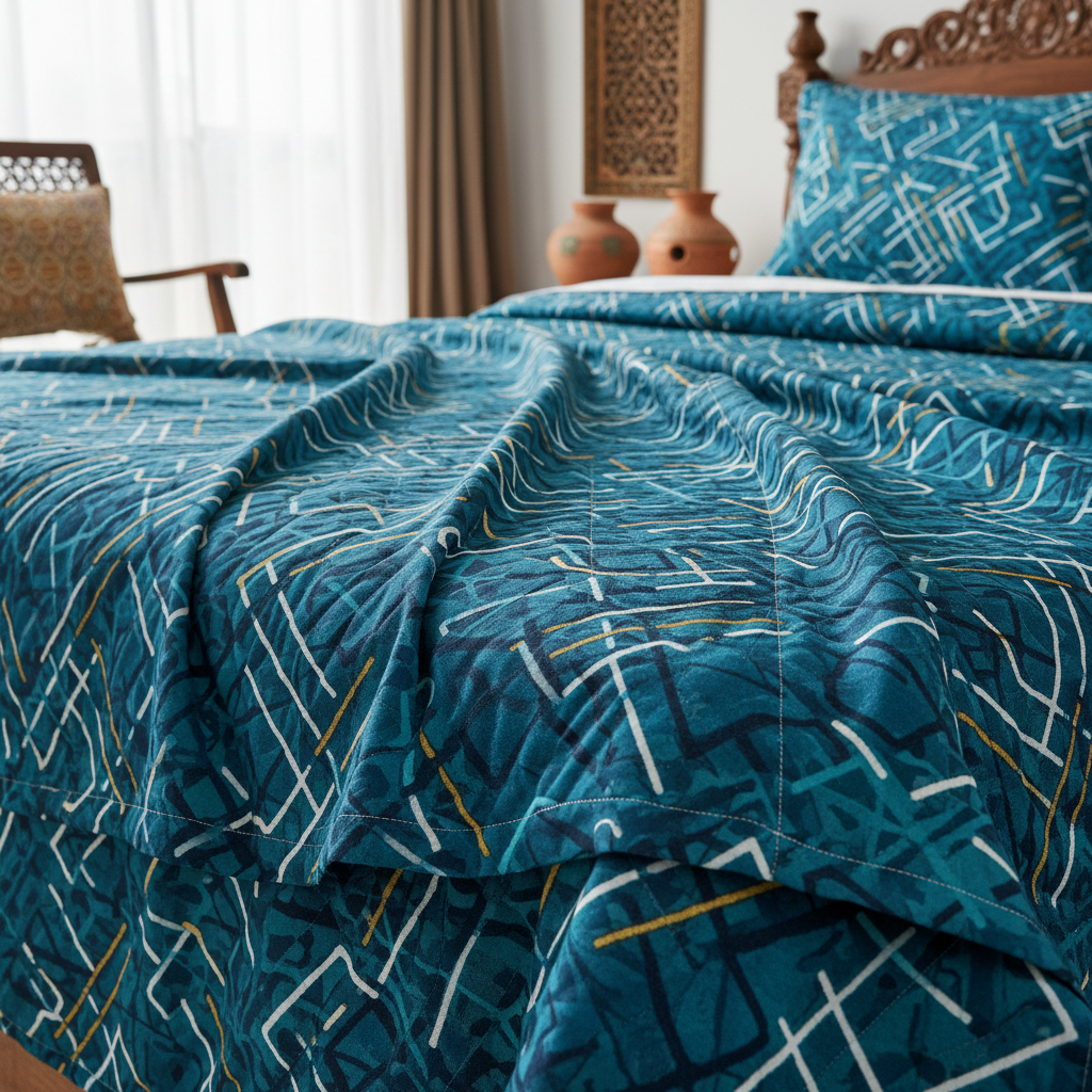 Teal geometric bed sheet with visible stitching