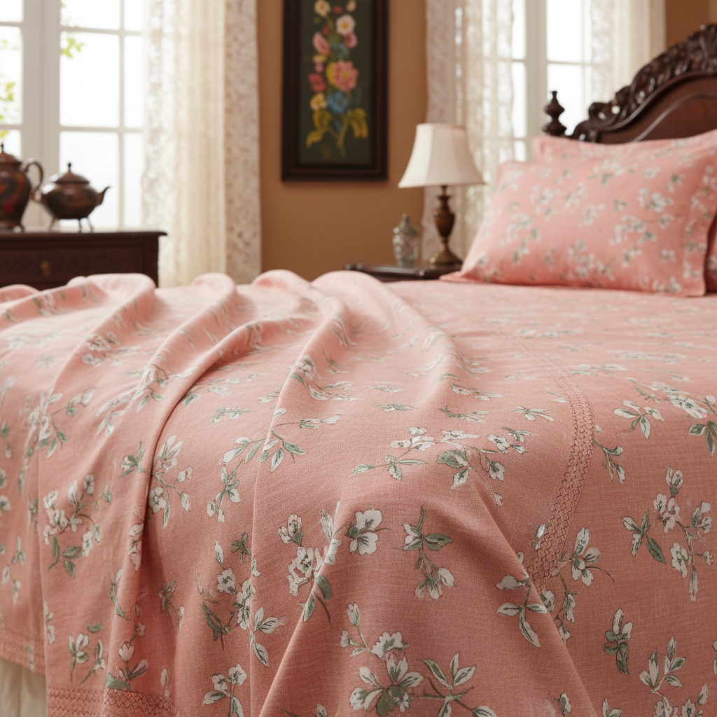 Peach pink floral bed sheet with visible stitching