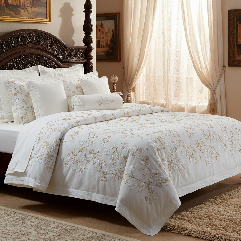 Bridal white embroidered bed sheet