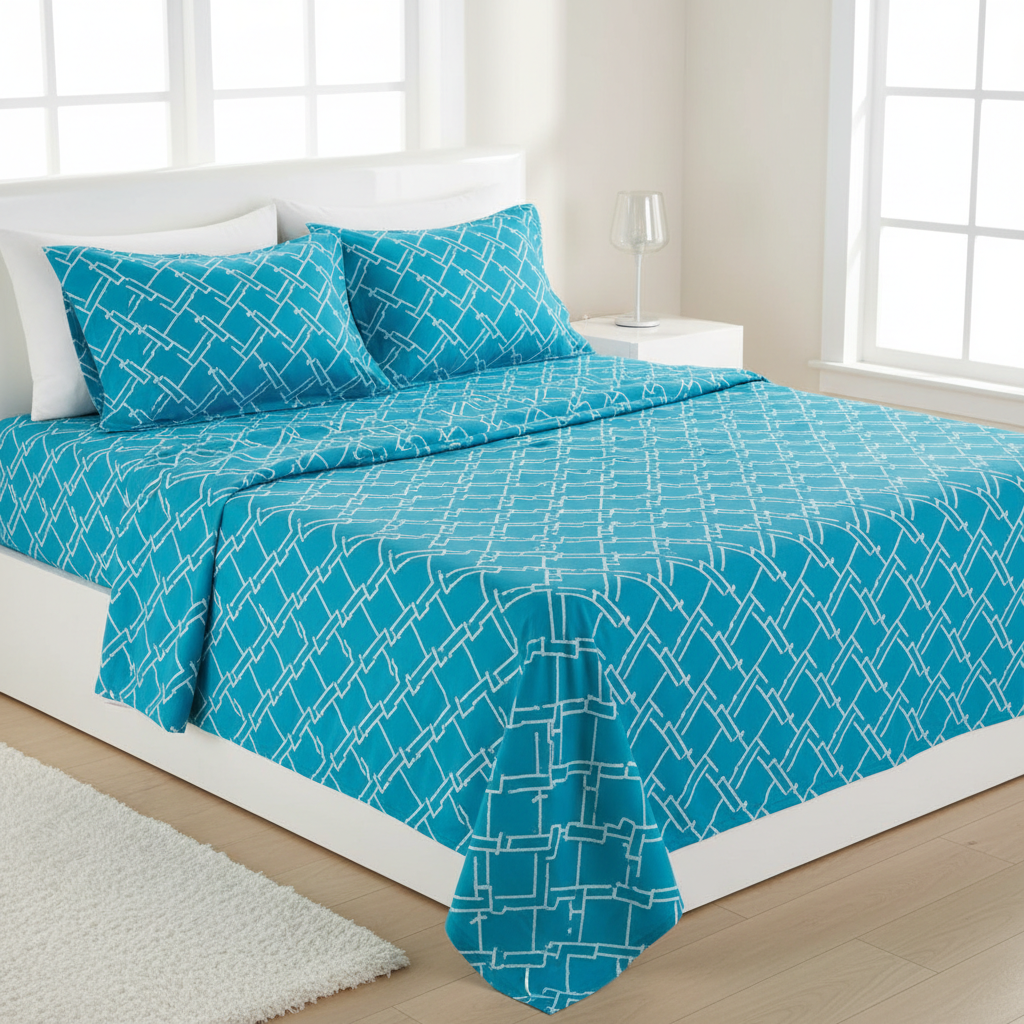 Turquoise geometric bed sheet on bed