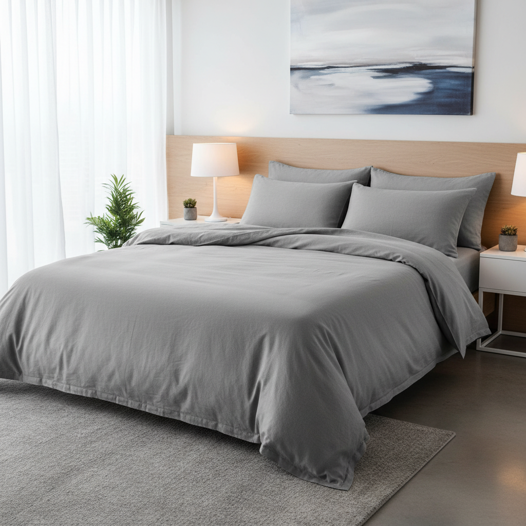 Soft grey cotton bed sheet on bed