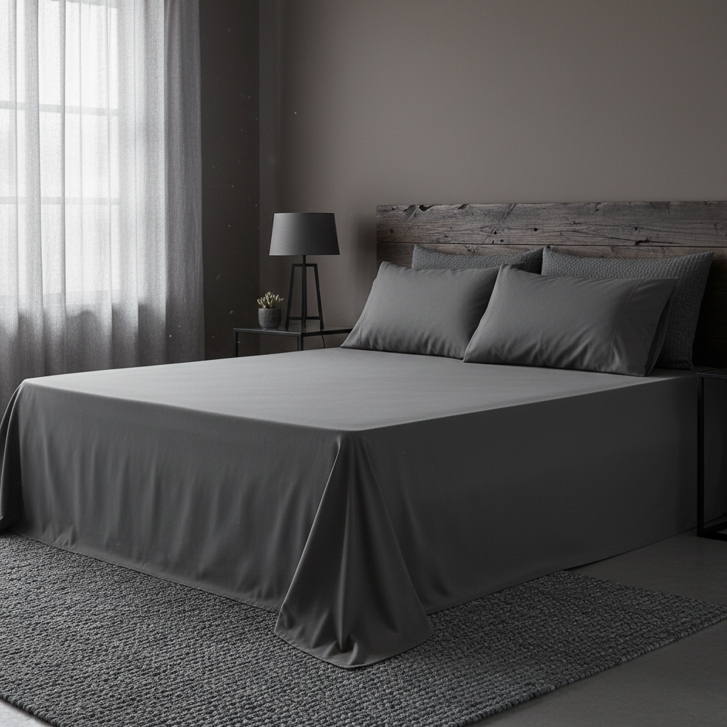 Charcoal grey cotton bed sheet on bed