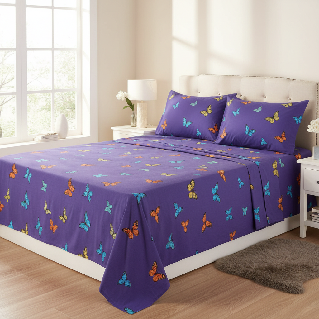 Lavender butterfly bed sheet on bed