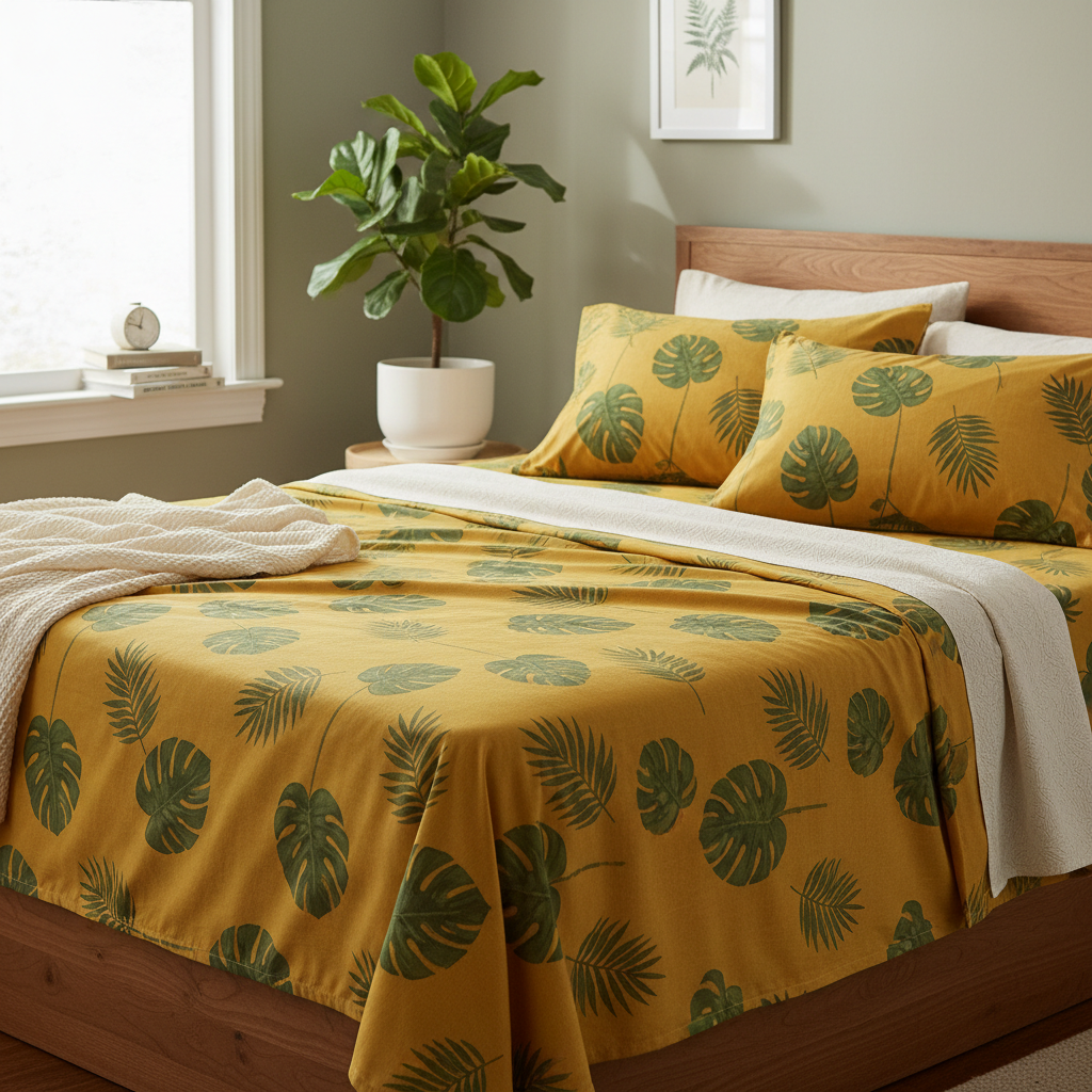 Mustard yellow leaf print bed sheet on bed
