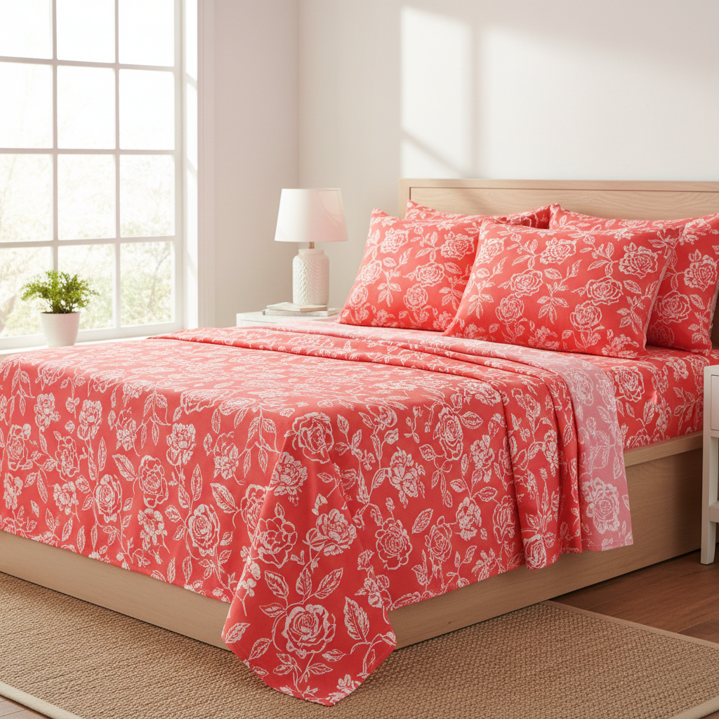 Coral pink floral bed sheet on bed