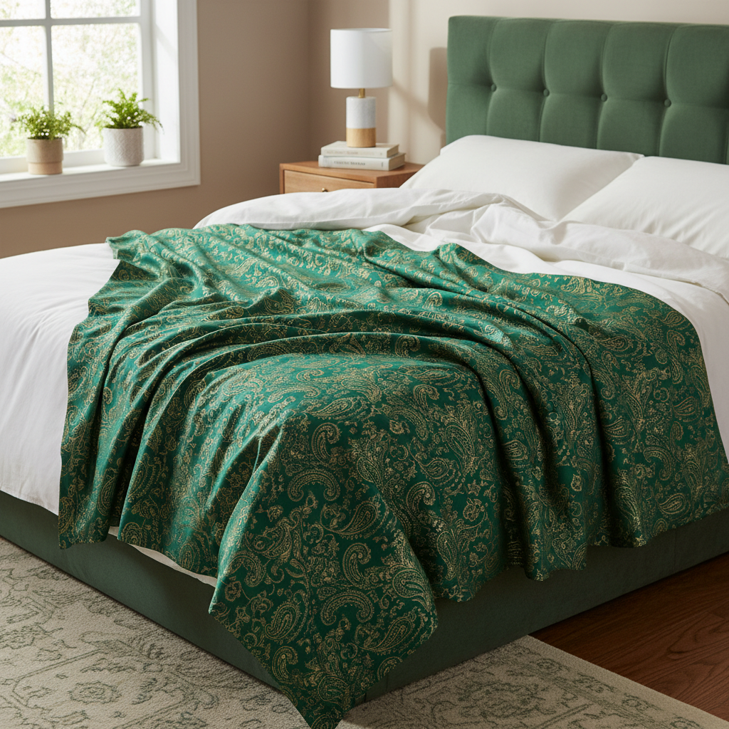 Emerald green paisley bed sheet on bed