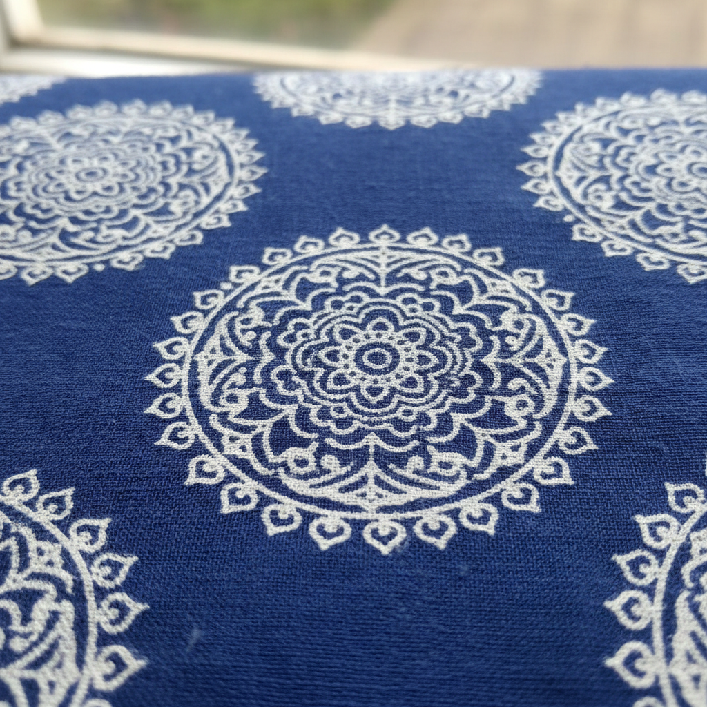 Close-up of royal blue mandala fabric